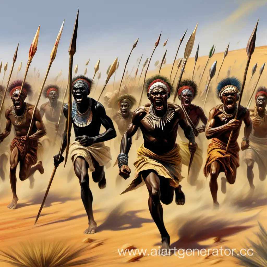 озлобленные африканцы, раскрашенные в разные цвета бегут по пустыне с копьями