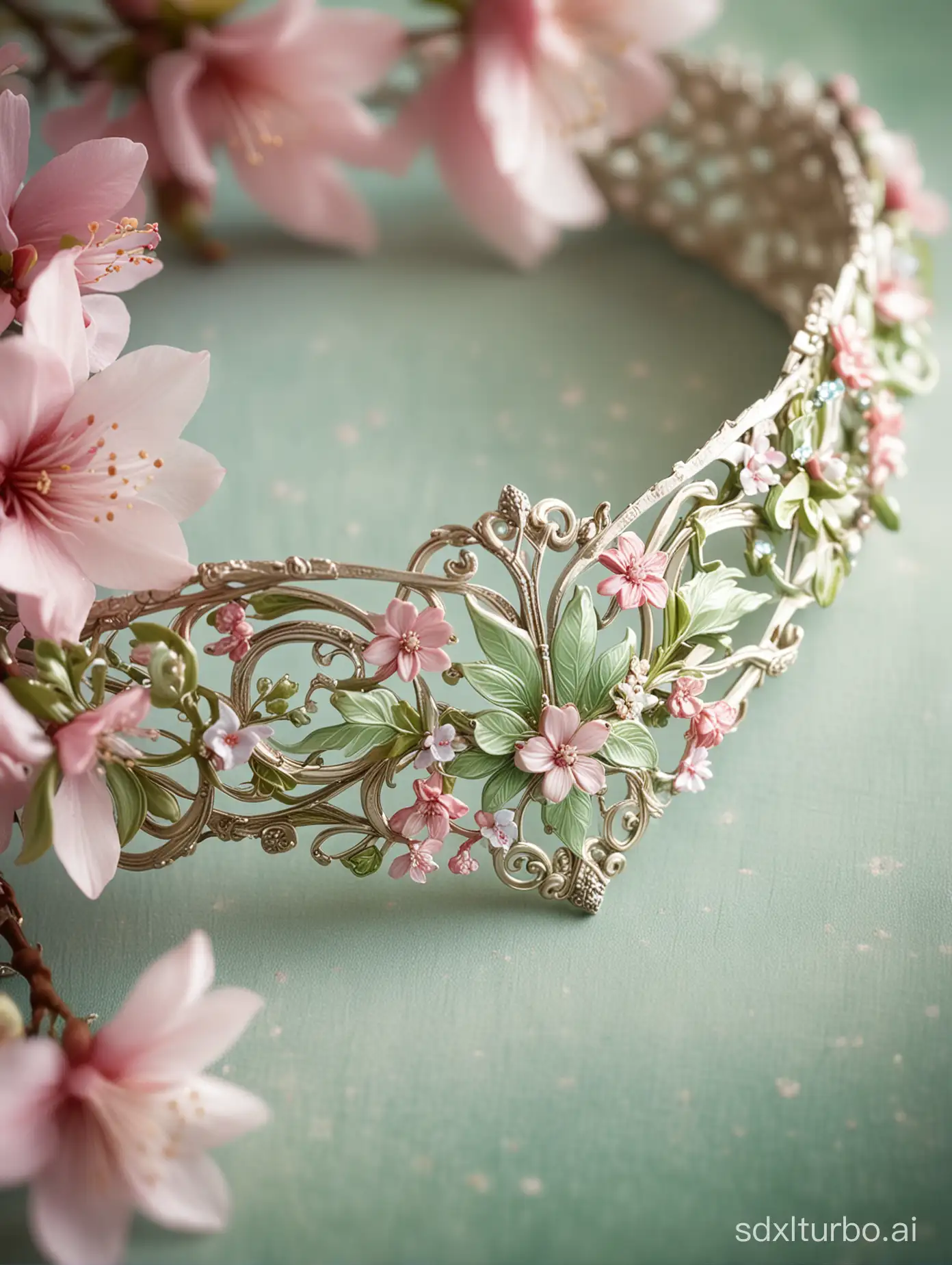 macro photo of enchanted elven choker, fine work, art nouveau, light green and white and soft pink and pastel color scheme,  cherry blossom theme, in the style of canon ts-e 17mm f/4l tilt-shift