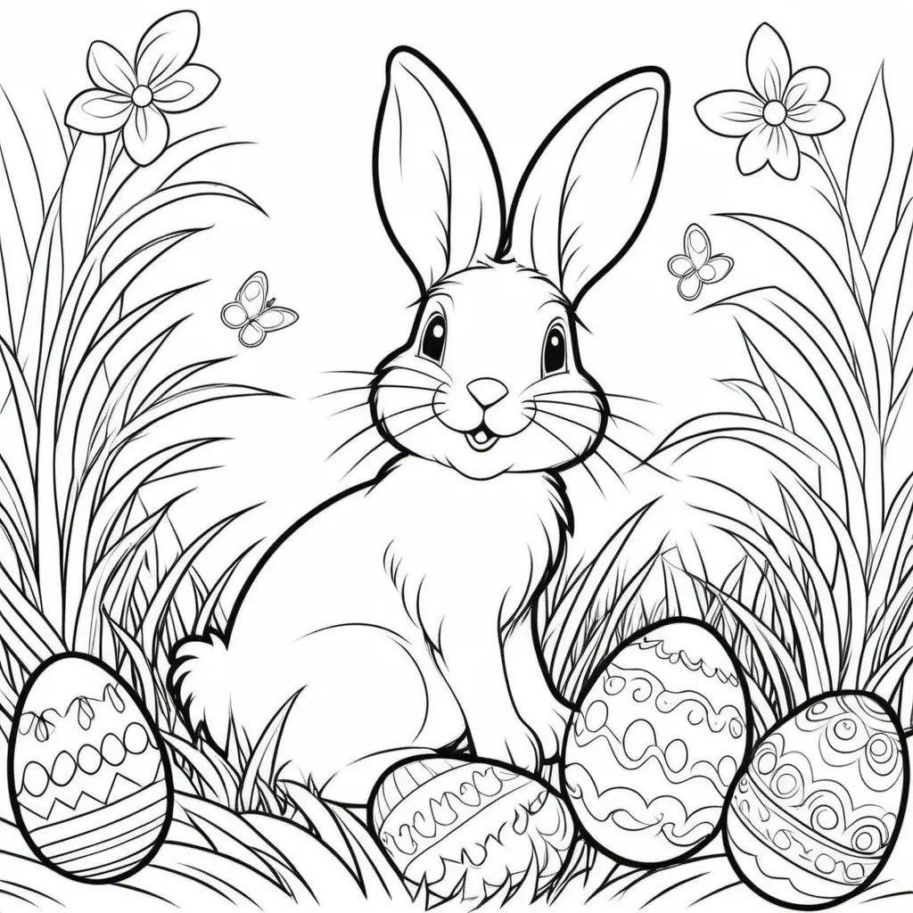 Create black and white coloring pages of Easter on white background, in nature, with cute large images, no shading, crisp lines.