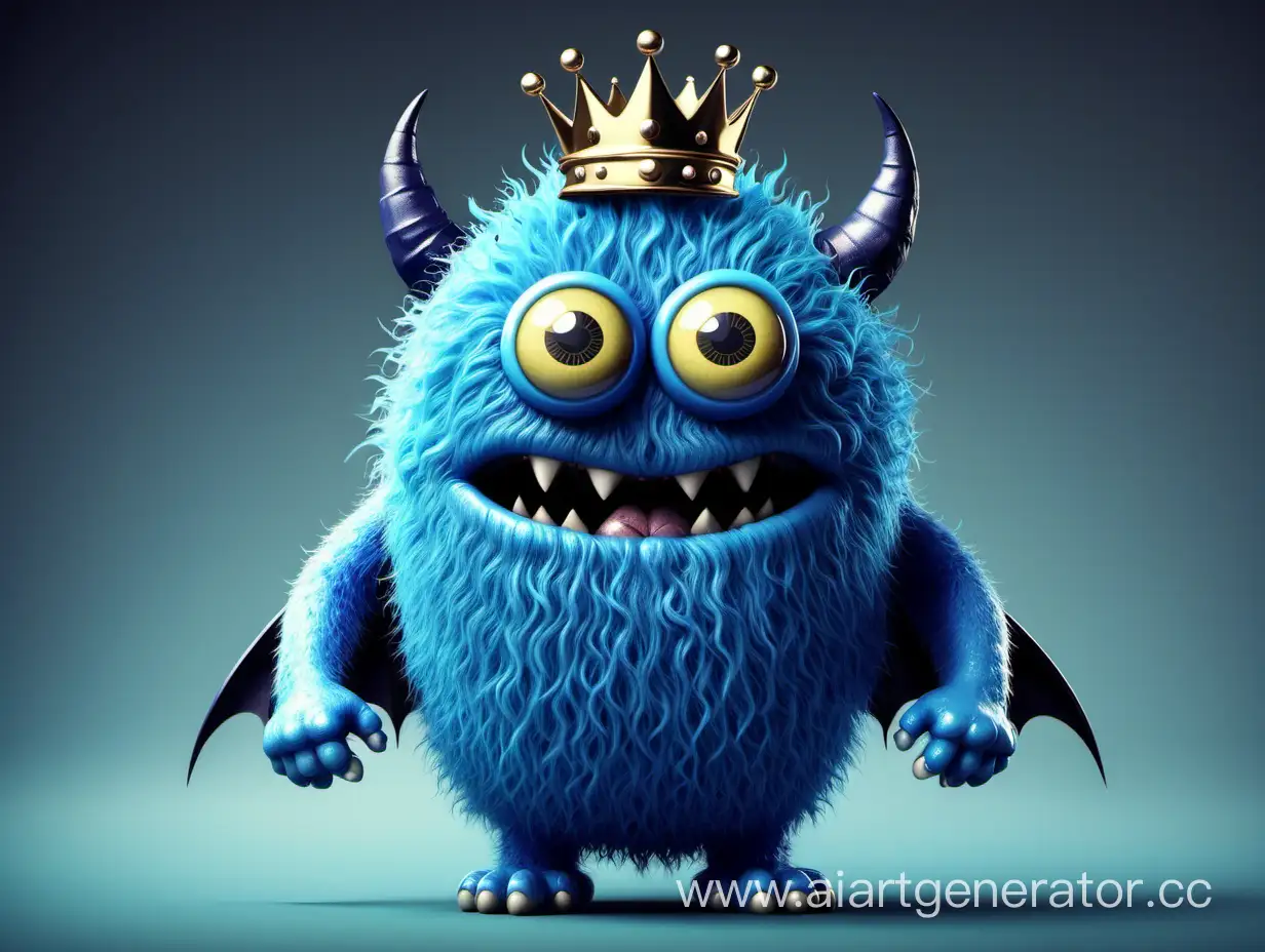 Синий монстр с короной на голове, с пуговицей вместо одного глаза, с битой в руках