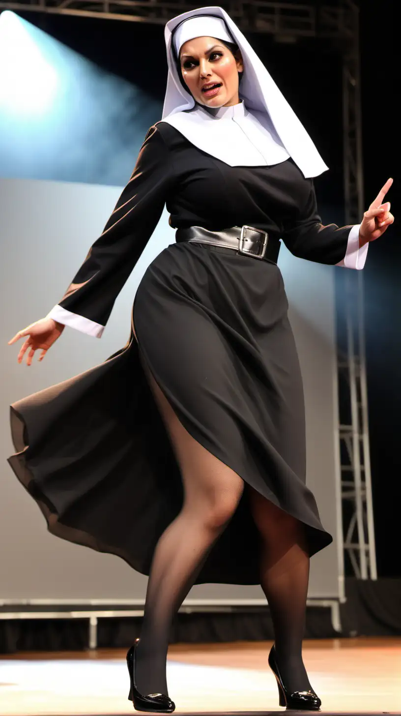 Voluptuous, Priti Patel, breeze blowing up flowy skirt, skin-tight nun costume [Highly Detailed] Detailed comic art style, black pantyhose, side angle, on stage, buckle shoes, thick thighs