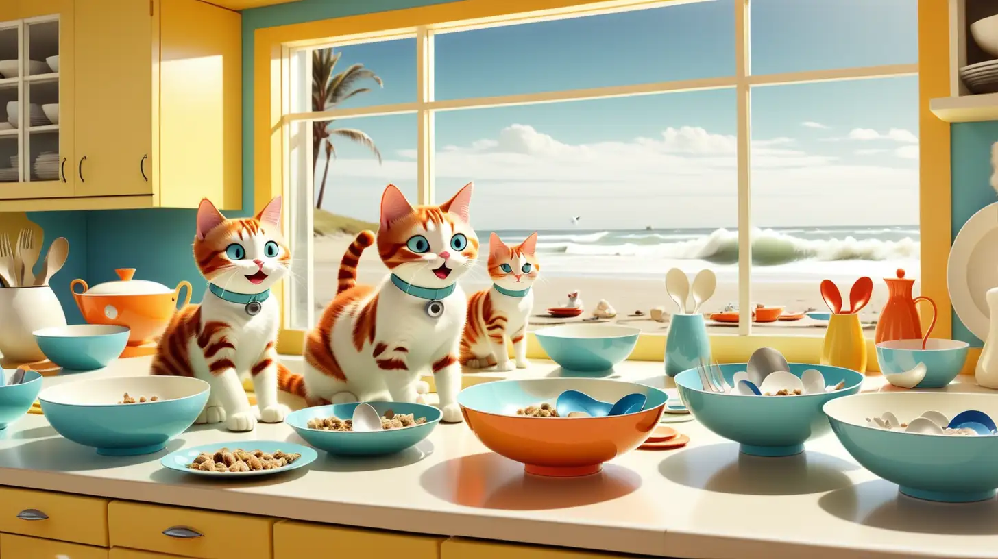 Space Age Cats Playing in a Retro Kitchen with Beach View