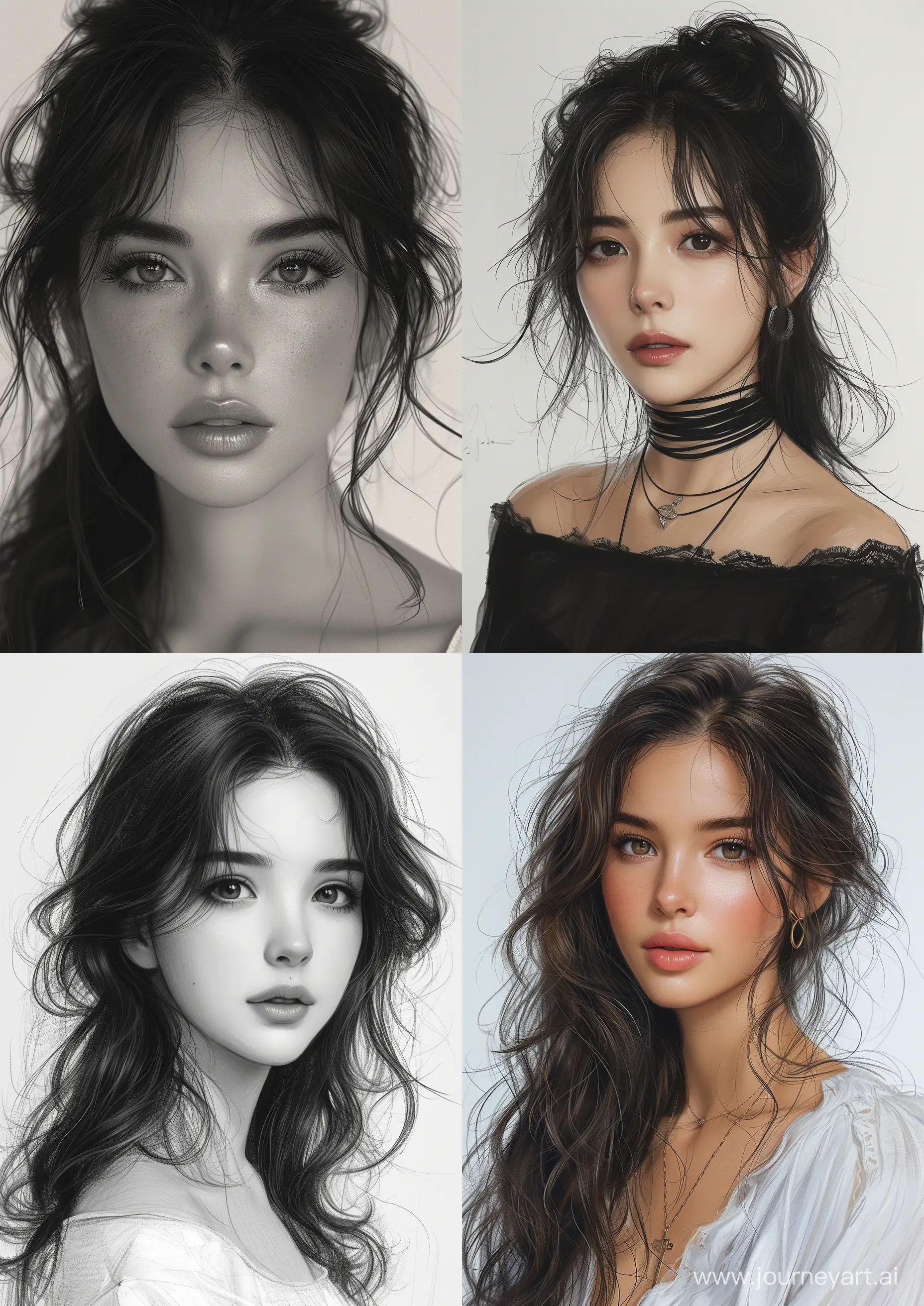 sketch illustration of an attractive stunning beautiful Indonesian young girl, in the style of zbrush, bold, manga-inspired characters, i can't believe how beautiful this is, stark realism, trace monotone, fawncore, celebrity-portraits --ar 71:100 --stylize 750 --v 6