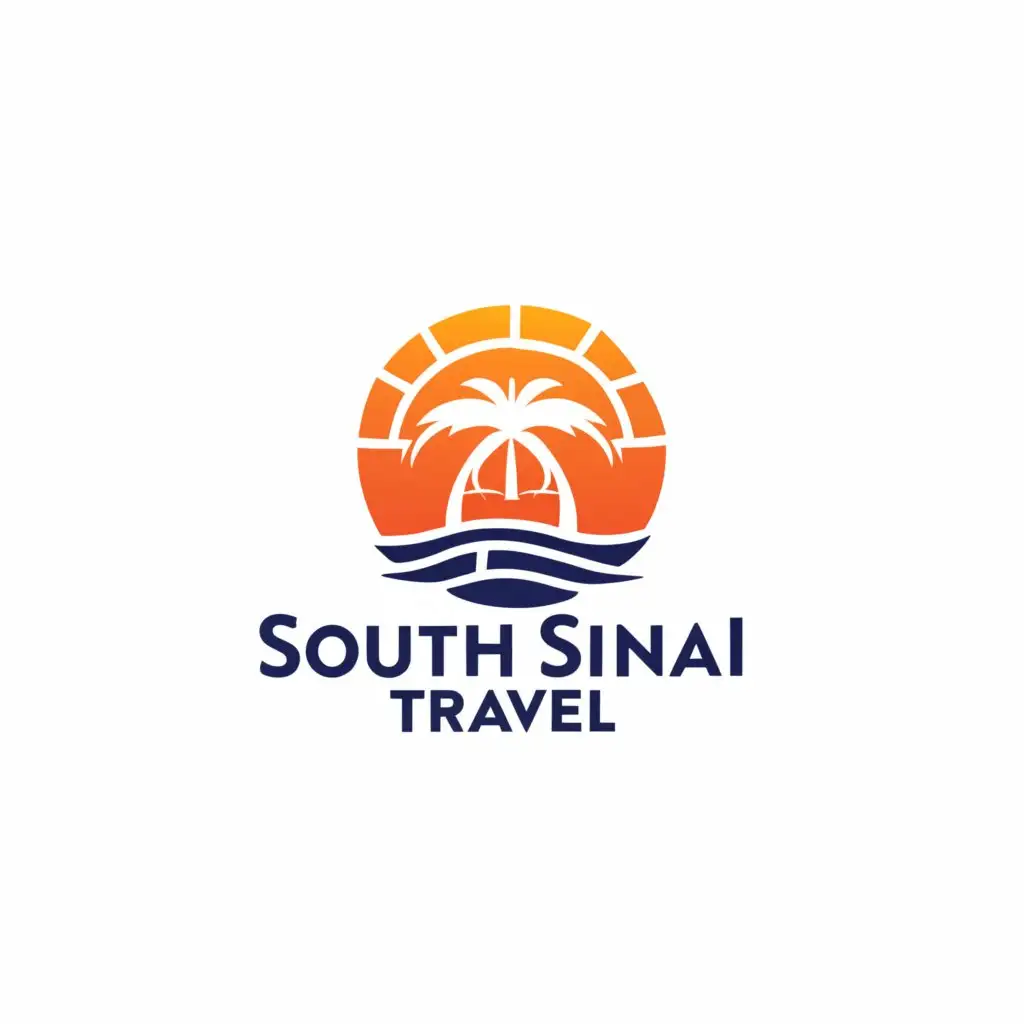 a logo design,with the text "  'South Sinai Travel' blends orange and blue colors. The essence of the region is captured through an artistic representation of the sea, sun, and palm trees . The letters form a dynamic and eye-catching shape, embodying of South Sinai. The logo stands boldly against a clean and simple white background, creating a visually striking and memorable design.", main symbol:'South Sinai Travel',Moderate,clear background