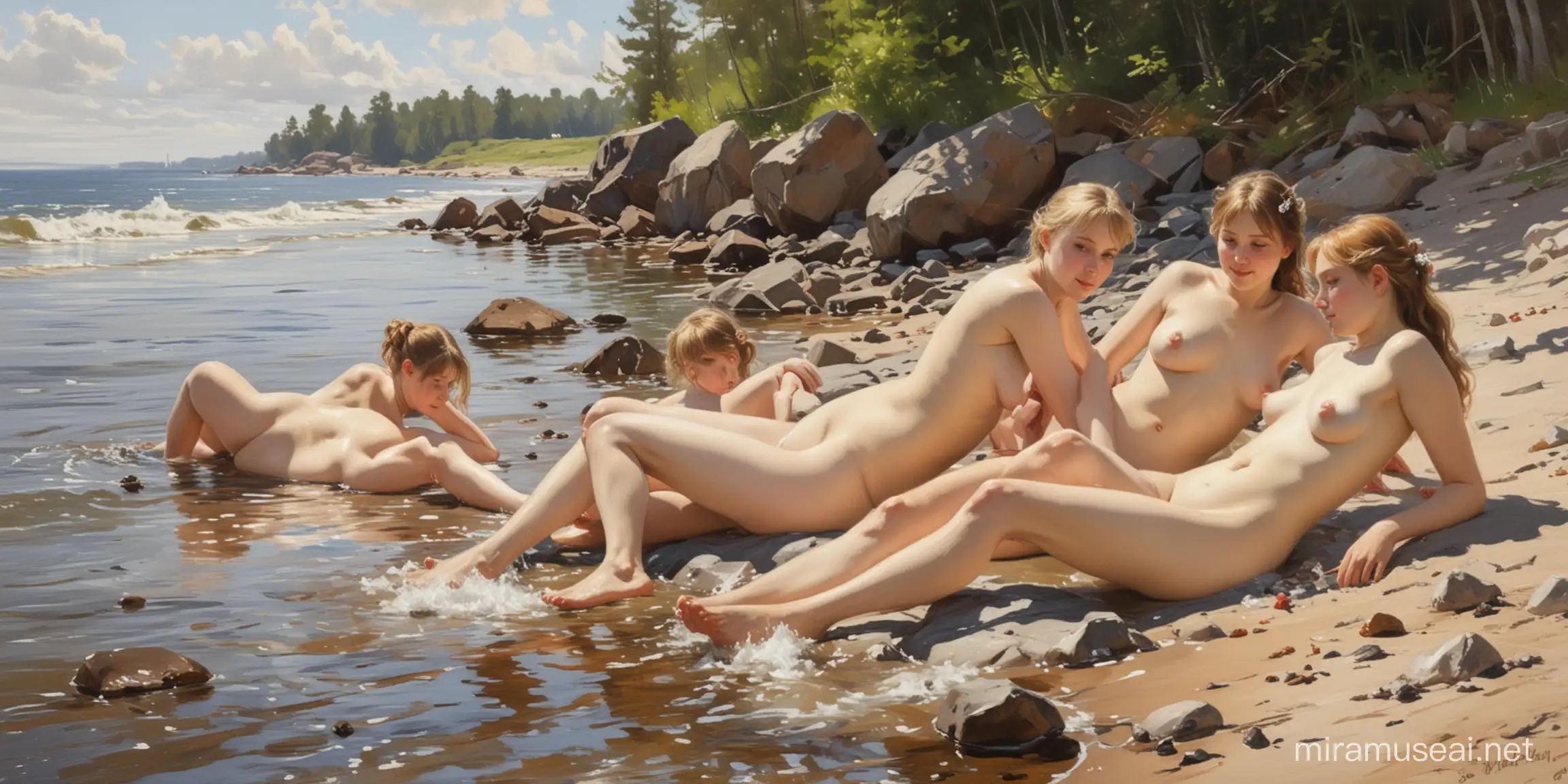 картина ,в стиле художника Андерс Цорн купаются девушки обнаженные , лежат на берегу, 