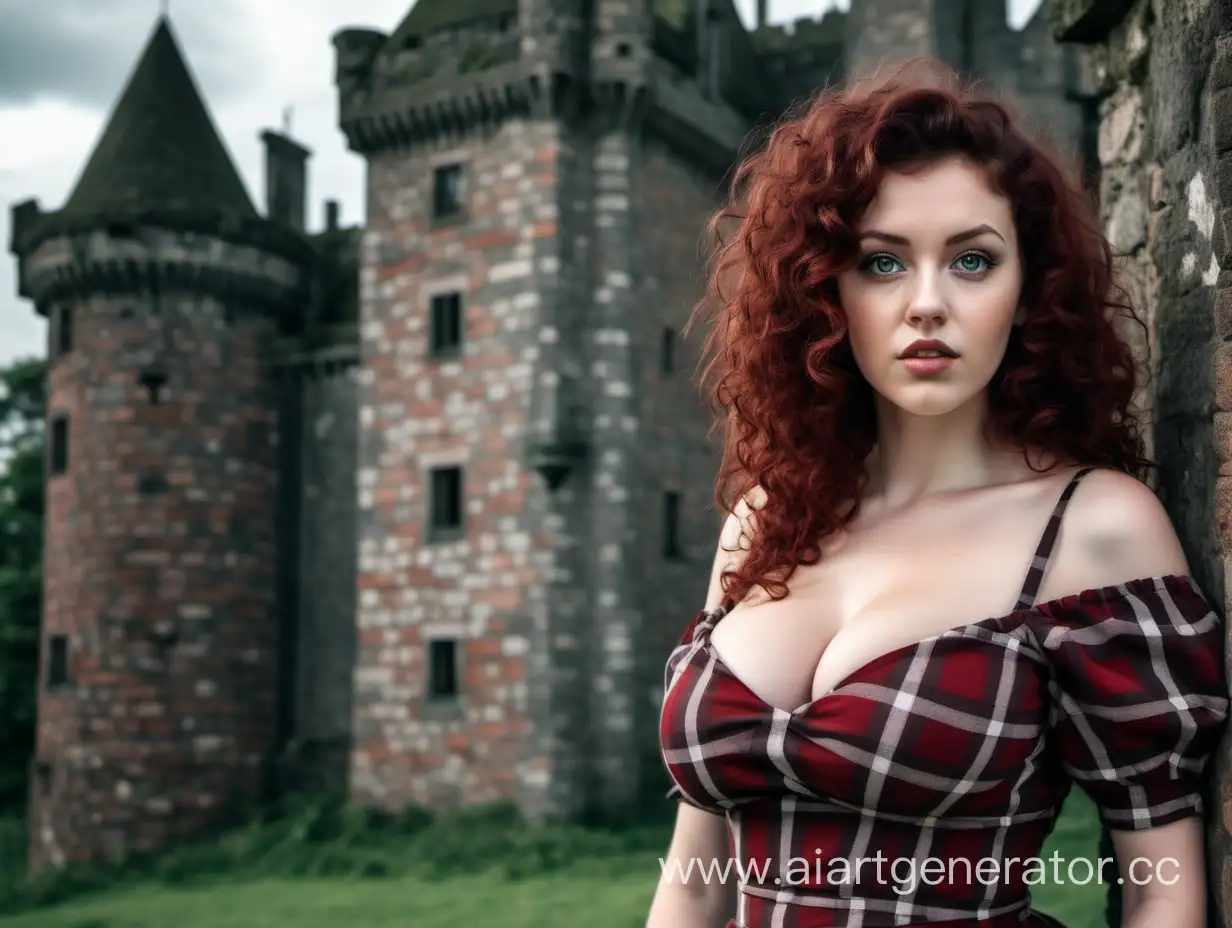 Scottish-Beauty-in-RedBrown-Checkered-Dress-at-Old-Castle