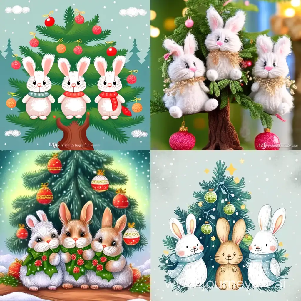 Incredibly cute 3 little rabbits, with cute kind faces. They are in the style of the 18th century. Decorate a fluffy Christmas tree in the forest. Rabbits are very fluffy. And they are very kind, they are happy that they decorate the Christmas tree with beautiful balls. There is tenderness and kindness on their faces. The Christmas tree is small, with fluffy branches, with long needles. It's dark, it's snowing, the moon and stars are shining in the sky. Drawing with watercolor paints. Vintage Christmas Card