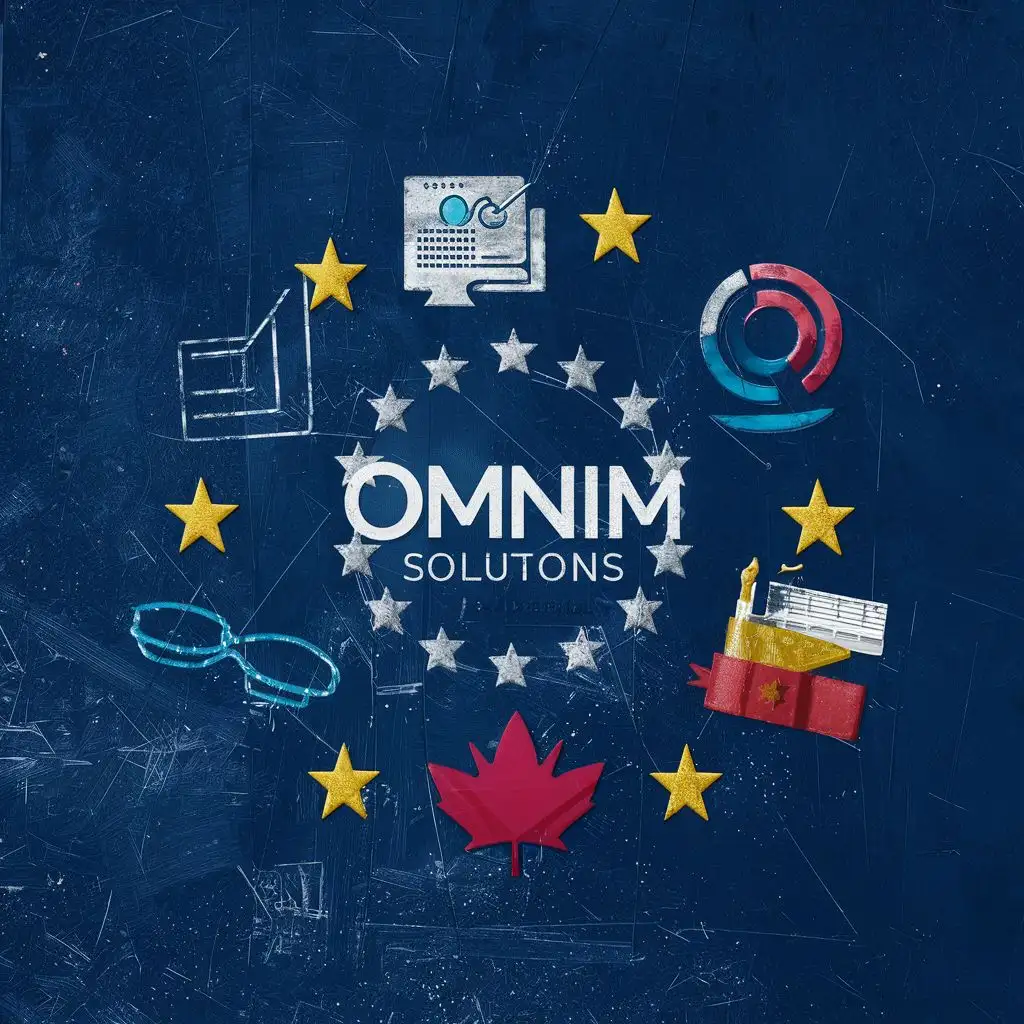 logo, Create a cover image for Facebook representing the steps of studying in France and Canada, highlighting the connections between Europe and the two countries. Include elements such as data entry on a computer, creation of European and Canadian logos, CVs, etc., with the text "OMNIM SOLUTIONS", typography, be used in Automotive industry