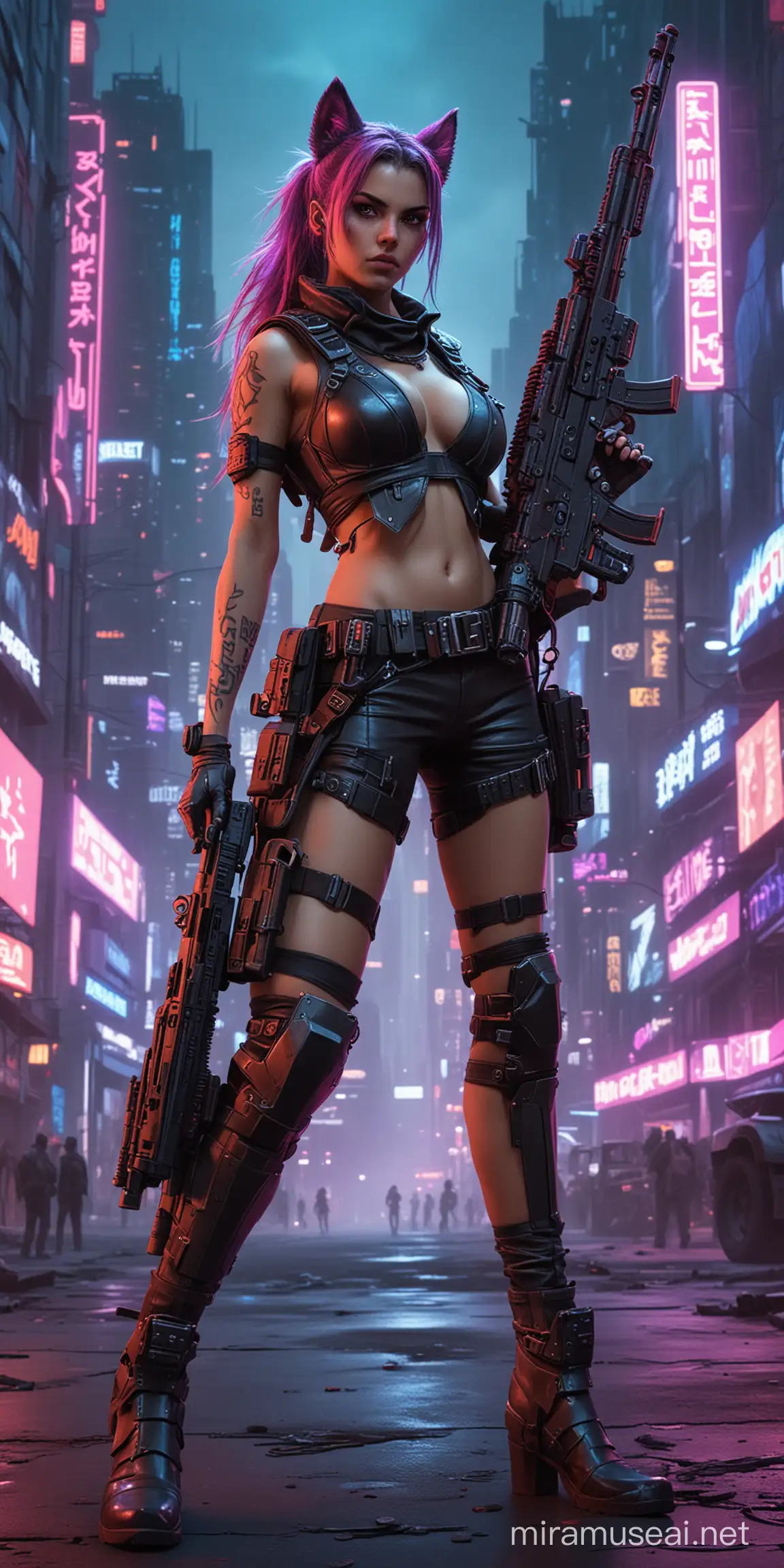 cyberpunk wolfgirl mercenary with a large rifle standing in a neon light city
