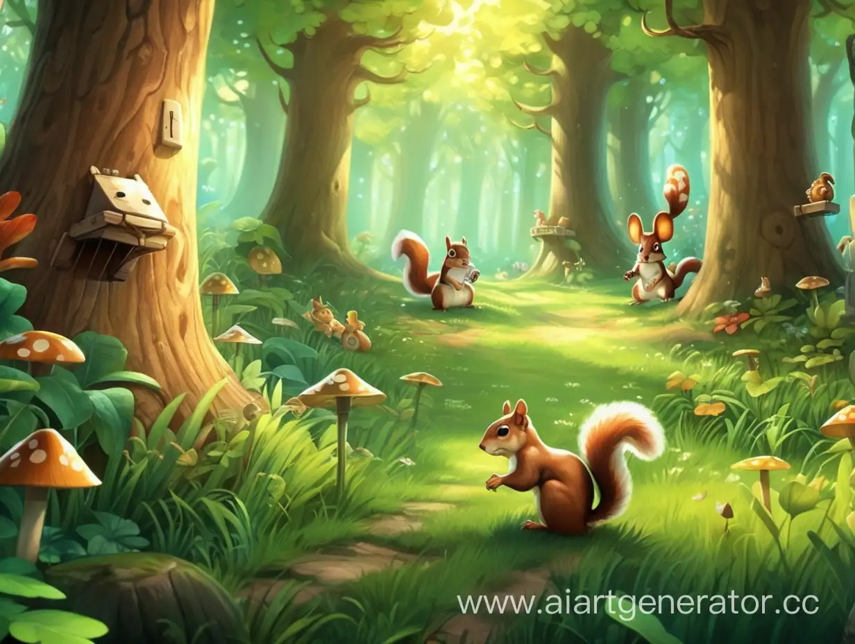 Squirrel-Gamers-Enjoying-a-Forest-Glade-Gathering