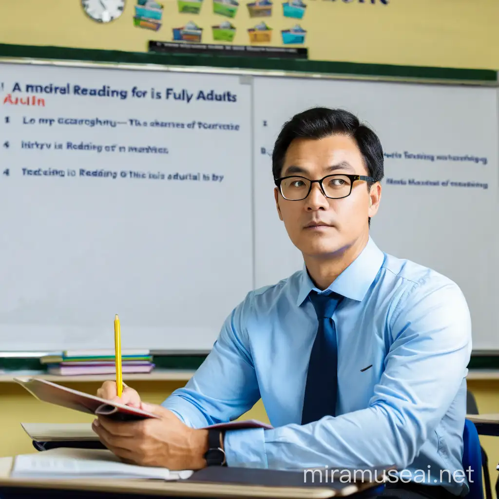 Focused Man Studying Textbook in Adult Classroom