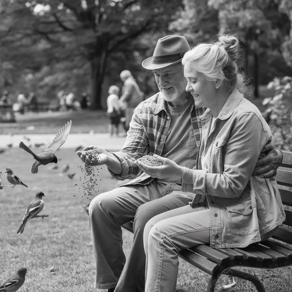 Elderly Couple Enjoying Tranquil Moment Feeding Birds in Park