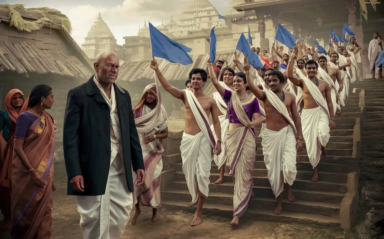 Generate a 15th century village in India,  Dr Babasaheb Ambedkar in black coat suit and dhoti showcasing village life, with old temple and Indian people wearing  and white dhoti color dress , walking steps and waving blue color flag