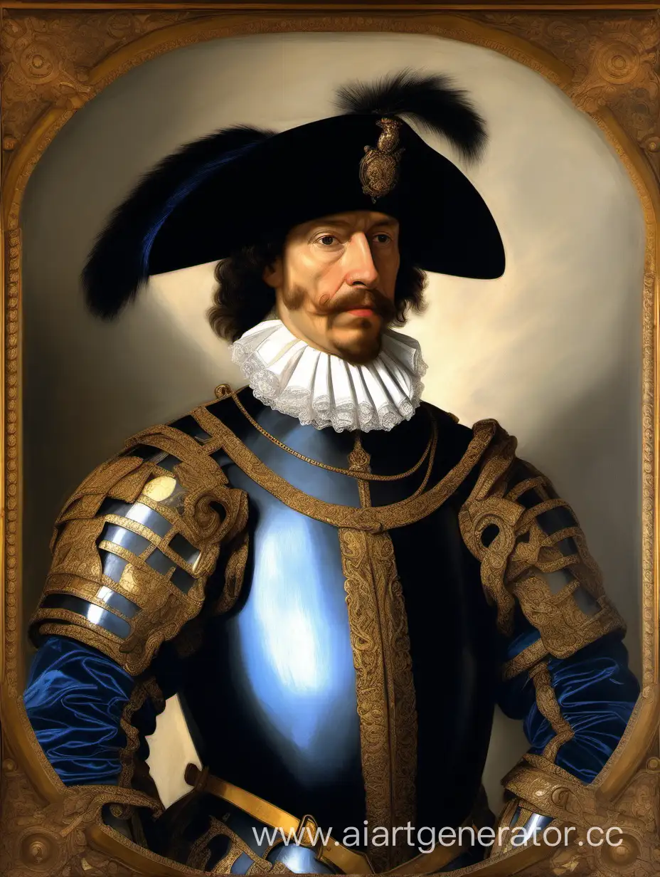 Elegant-Rembrandt-Style-Portrait-Man-in-Black-and-Blue-Cuirass-with-Secret-Order-Medallion