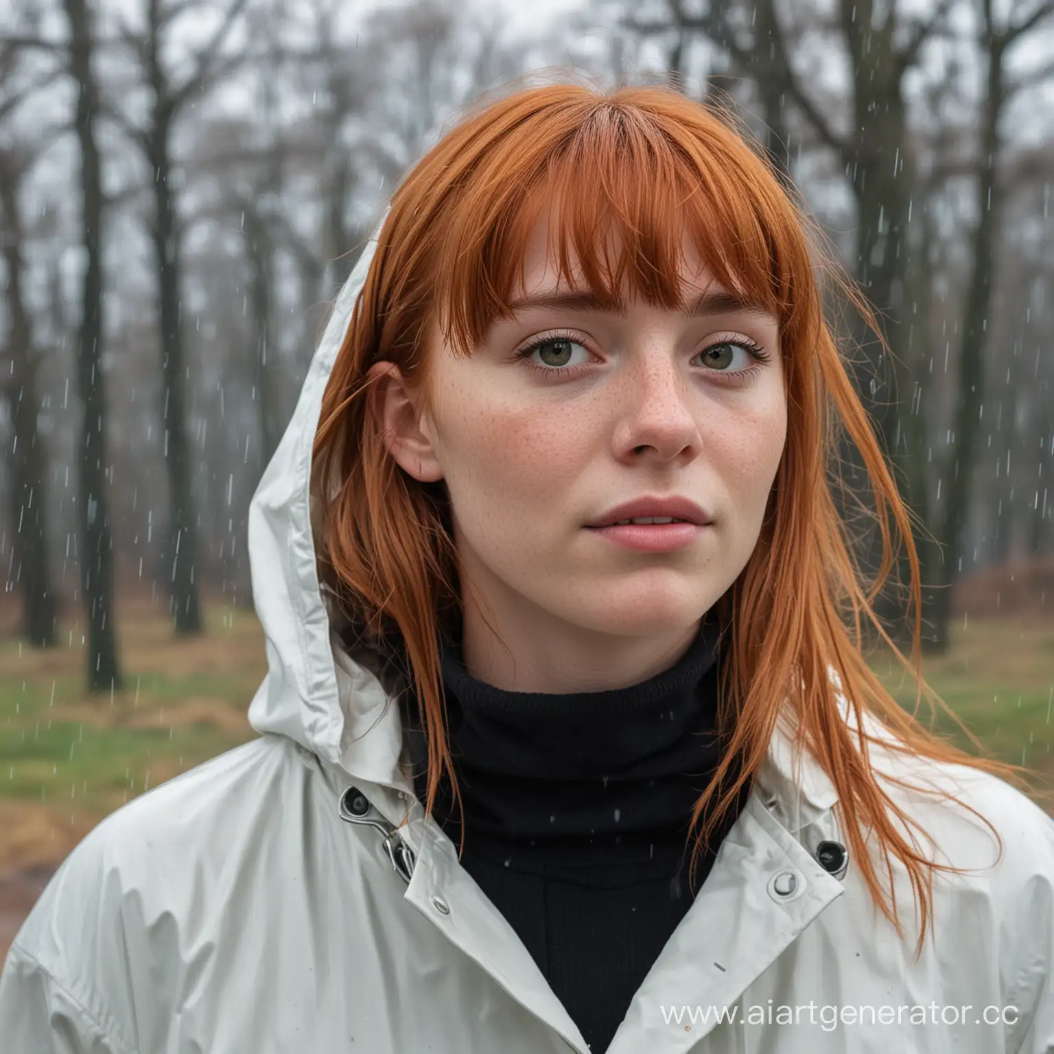 A 16-year-old girl with red hair and bangs. Strands on the sides fall to her shoulders, on her face, freckles, in a black turtleneck and a full-length white raincoat.