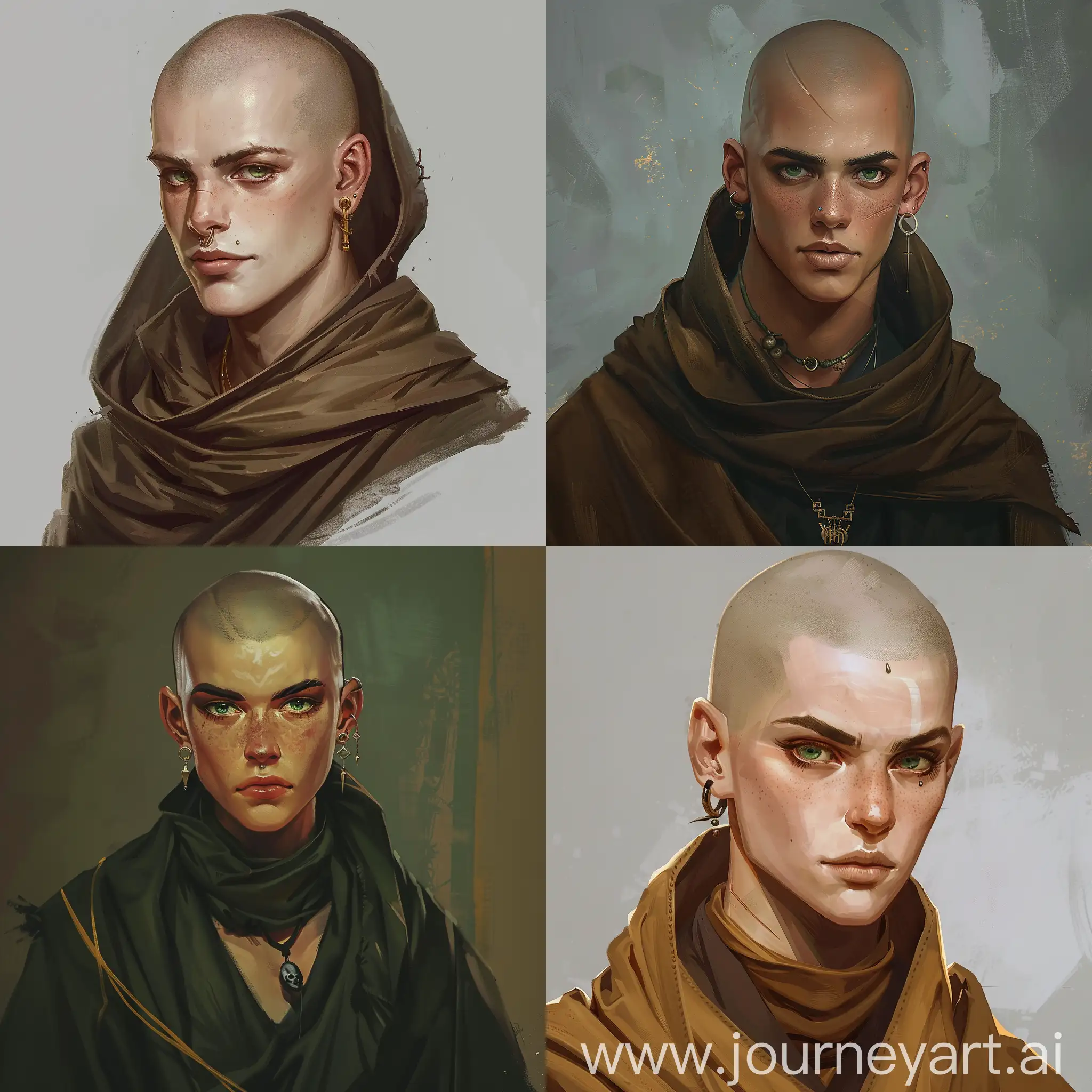 Male monk dnd.bald and shaved.He has good facial structure and staring.He has earrings and piercings on his left ear.He has green eyes and wearing a monk rob