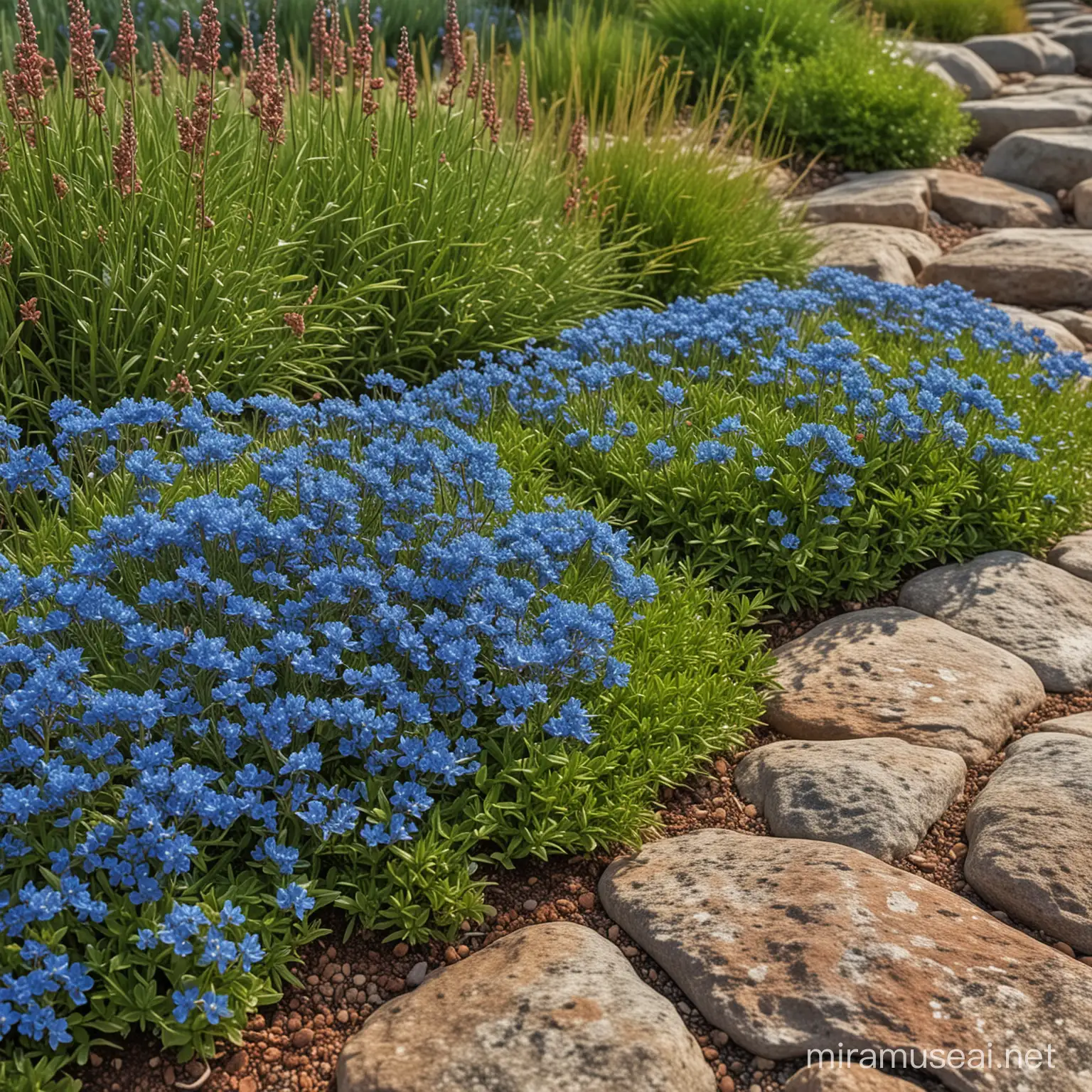 LITHODORA Heavenly Blue and Sedum Acre Rock Garden with Centranthus Ruber in HDR 8K