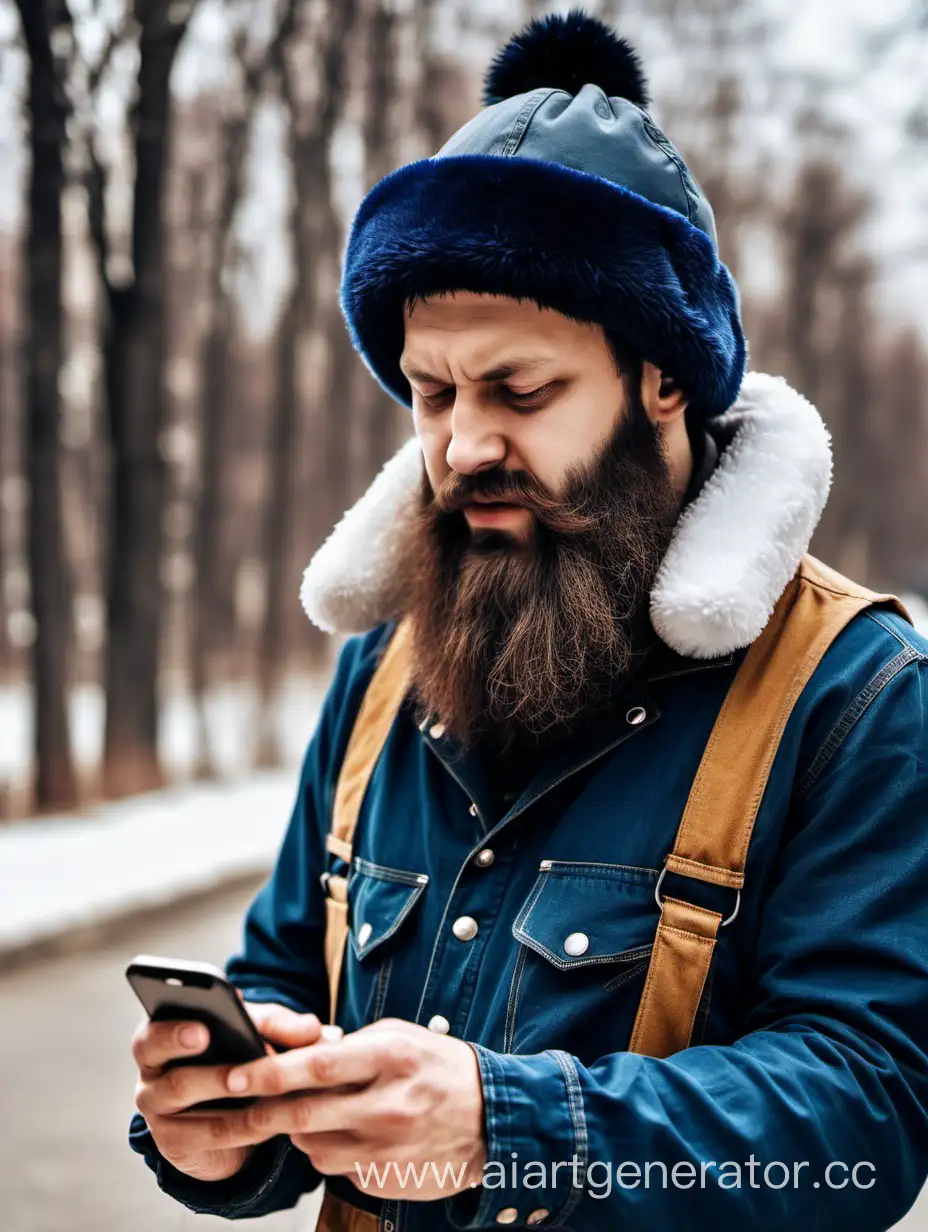 Bearded-Man-in-Ushanka-Hat-and-Overalls-Checking-Smartphone