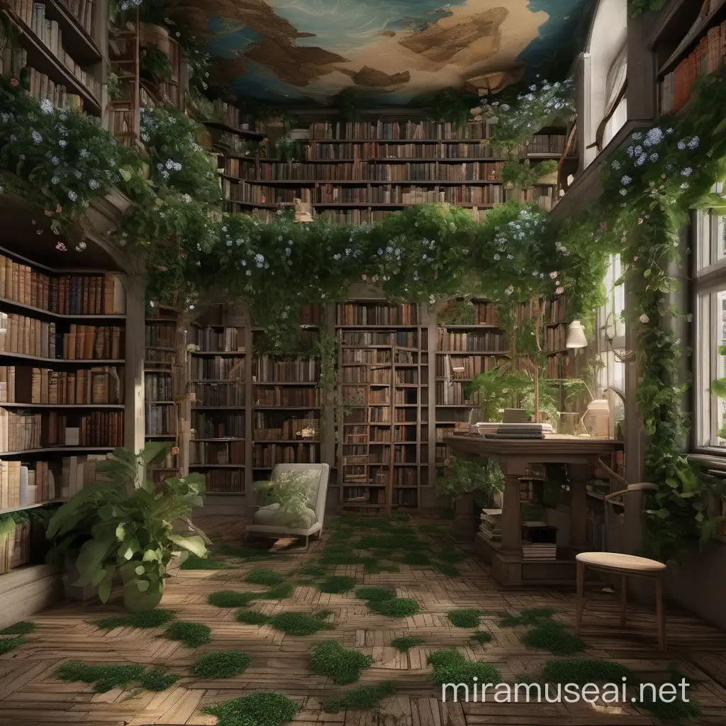 Add space as the ceiling and deep ocean as the floor  to a library with plants growing on the shelves with tiny flowers 