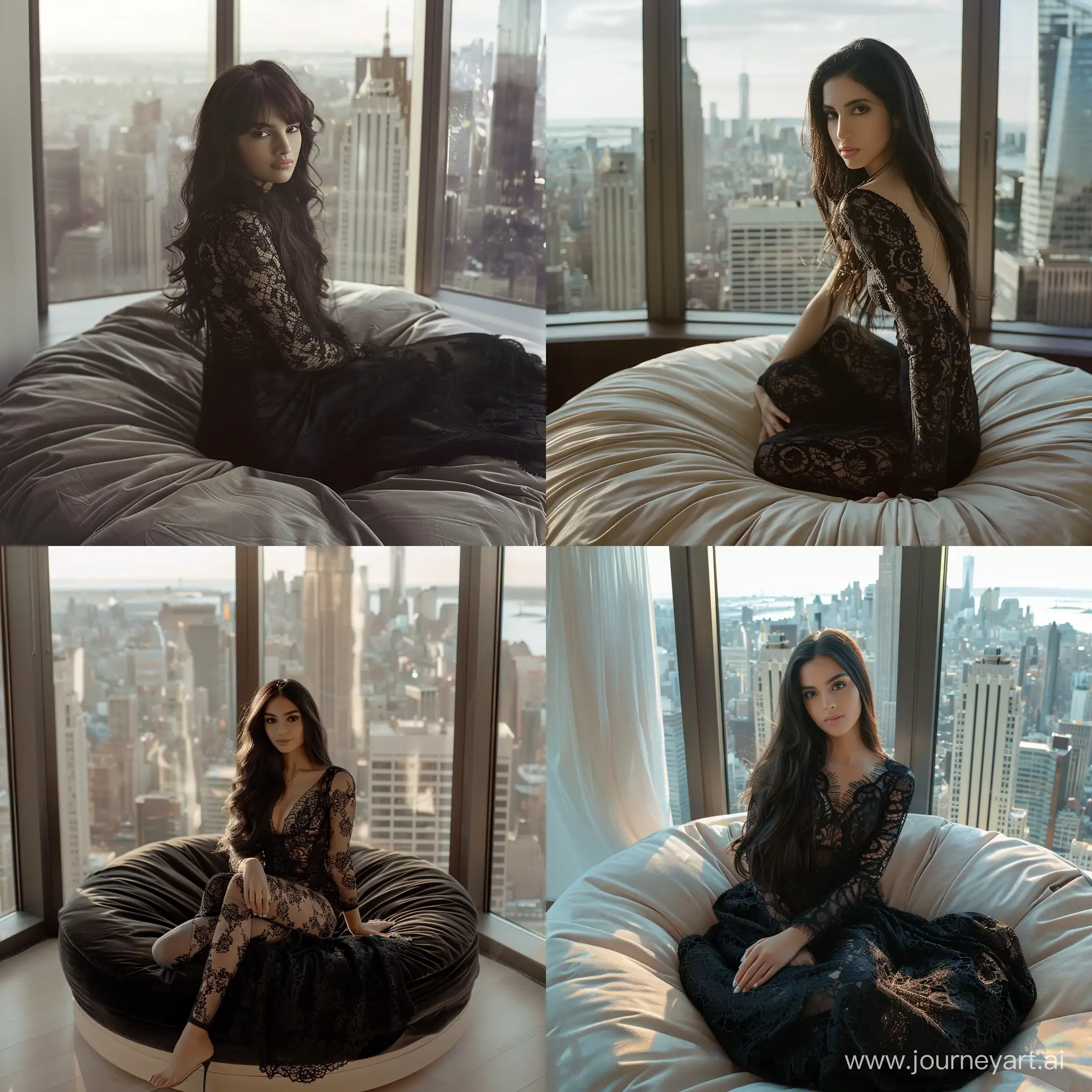 темноволосая девушка на фотосессии, на круглой кровати, кружевное черное платье, светлые тона, большое окно с видом на Нью-Йорк