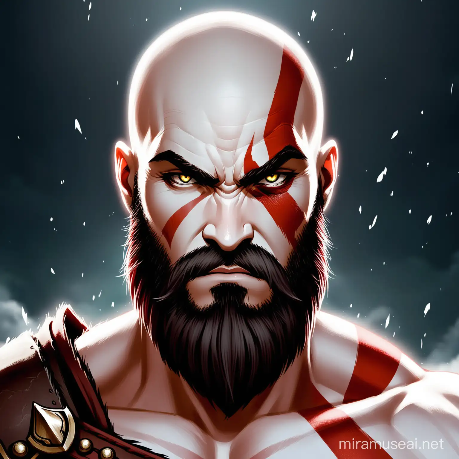 A frontal picture of Kratos from God of War Ragnarok looking at the camera