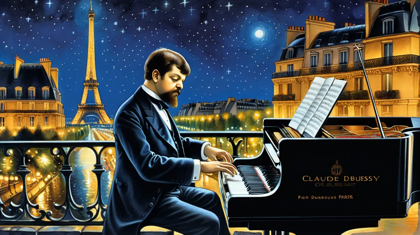 Клод Дебюсси в праздничном фраке и праздничной рубашке, играет на рояле на фоне вечернего Парижа