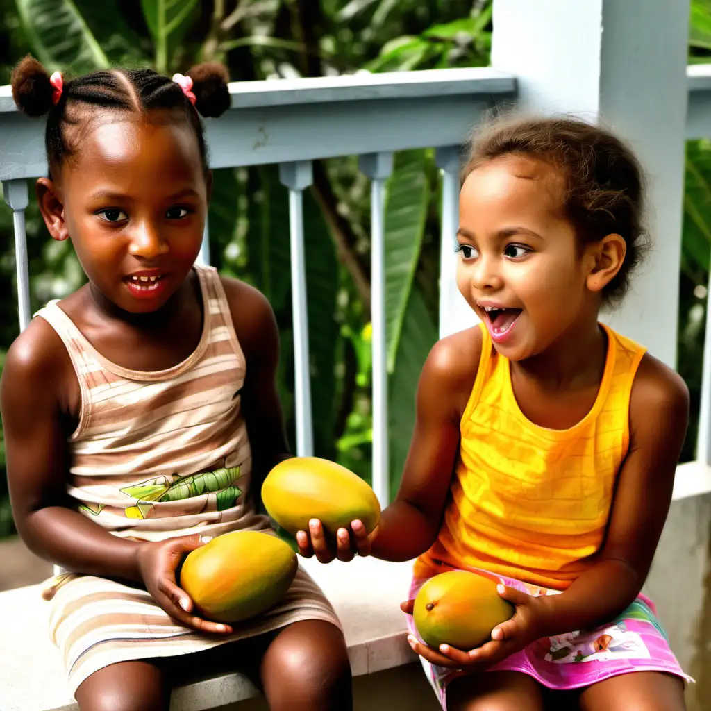 A little boy and a little girl, both light  brown Jamaican eating mangoes on the verandah.