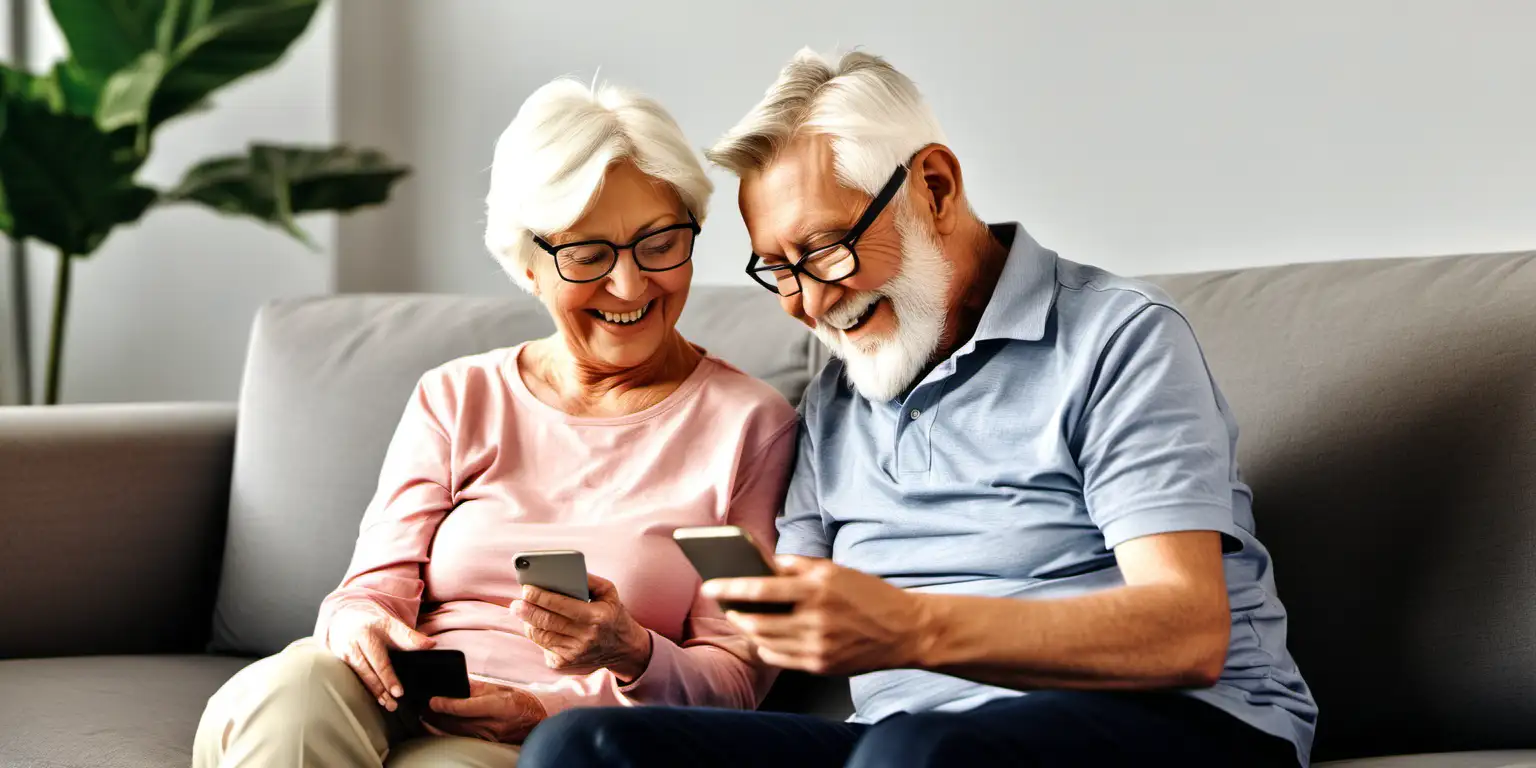 a senior couple sitting comfortably on the sofa happily experiencing a mobile app 