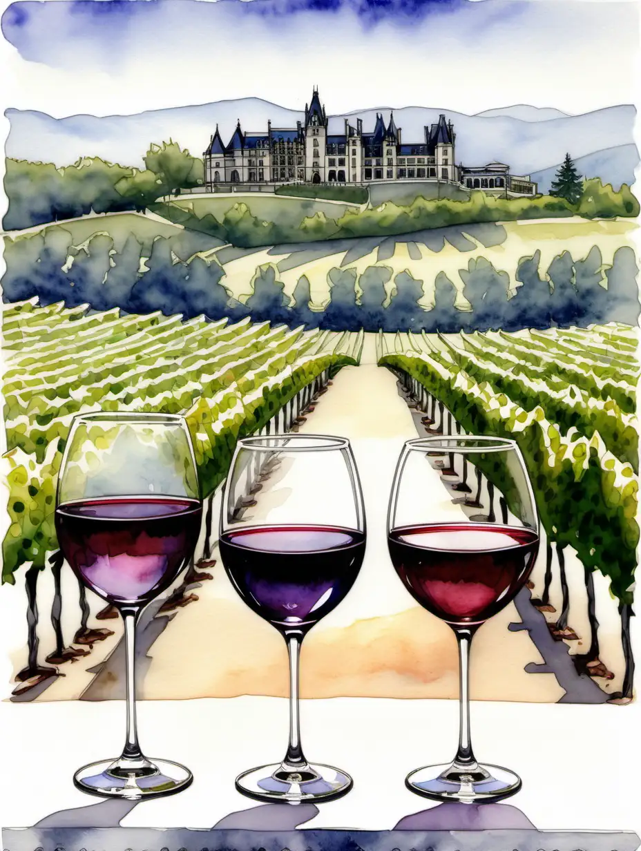 Vineyard Serenity Watercolor Sketch of Wine Glasses and Biltmore Estate in Asheville NC