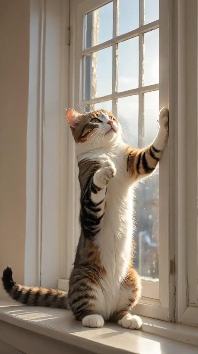 Morning Sun Cat Stretch on Windowsill