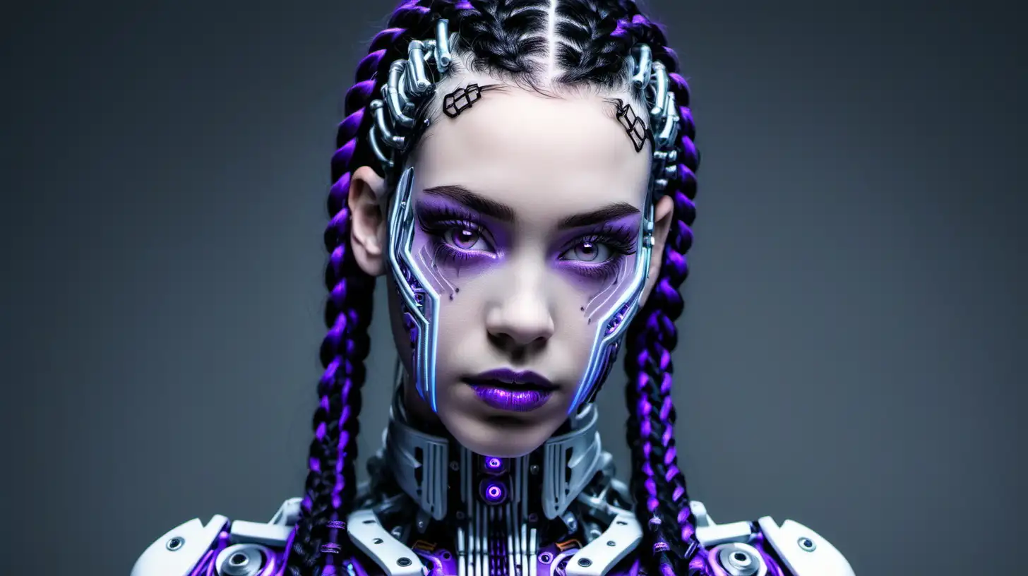 Cyborg woman, 18 years old. She has a cyborg face, but she is extremely beautiful. White skin. Black braids and purple braids. Light. Caucasian.