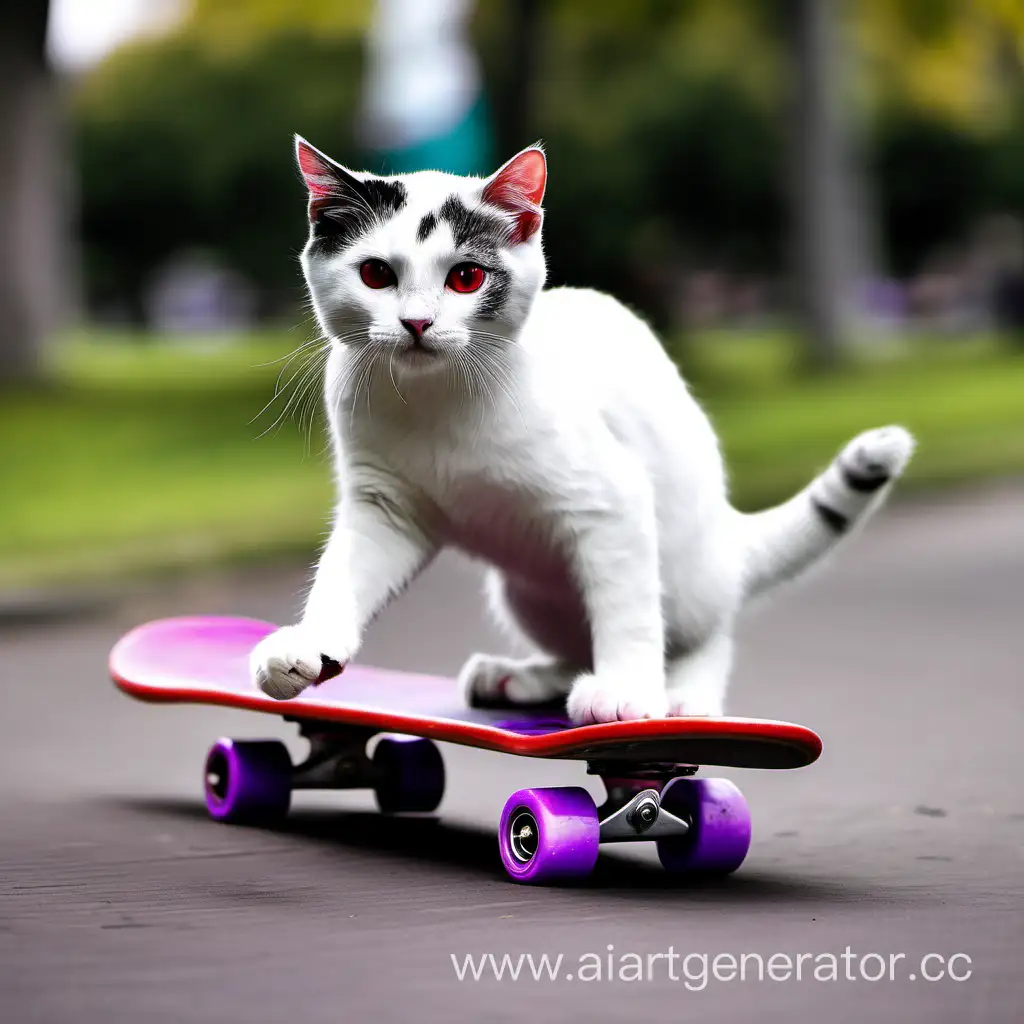 Котик на скейтборде катающийся в парке котик белый с черным хвостиком и серой мордочкой скейтборд красно фиолетовый