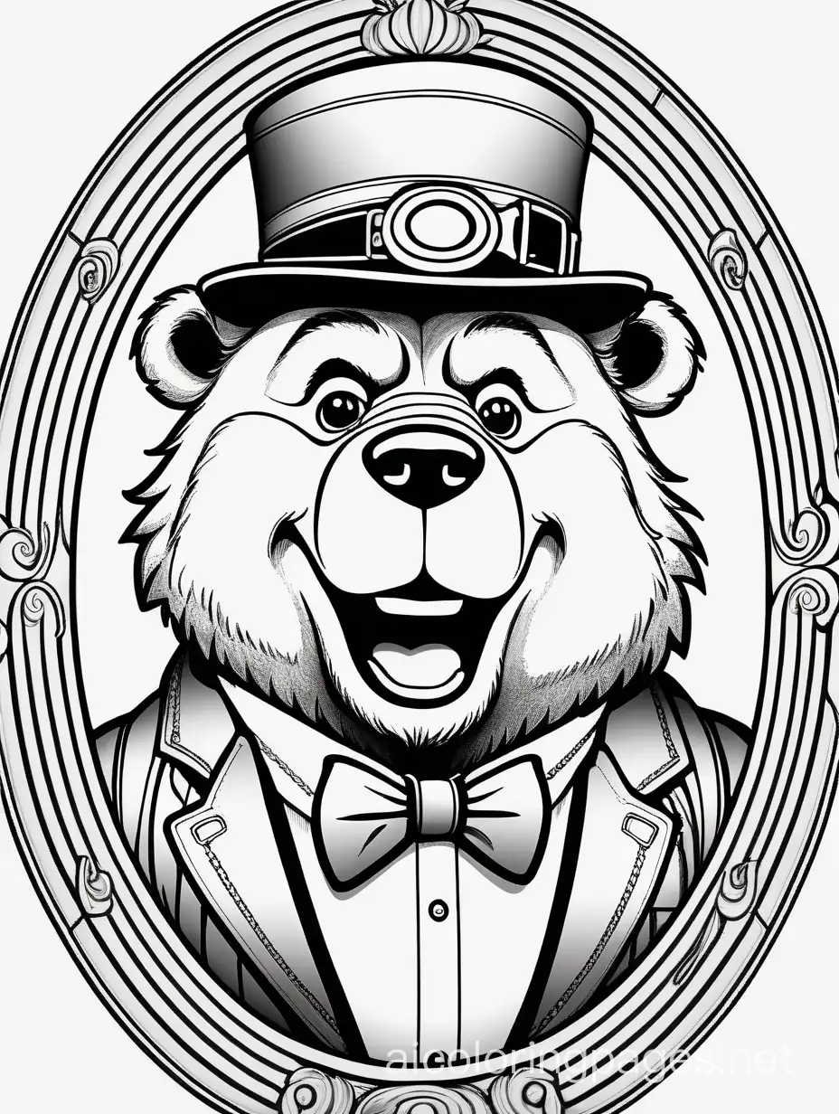 black and white, a ((tattoo style))  steampunk Yogi The Bear, bold black lines, Portrait View, looking straight ahead, smiling, Perfect composition golden ratio, masterpiece, best quality, 4k, sharp focus. Perfect anatomy, fully isolated inside of a white oval, Coloring Page, black and white, line art, white background, Simplicity, Ample White Space. The background of the coloring page is plain white to make it easy for young children to color within the lines. The outlines of all the subjects are easy to distinguish, making it simple for kids to color without too much difficulty