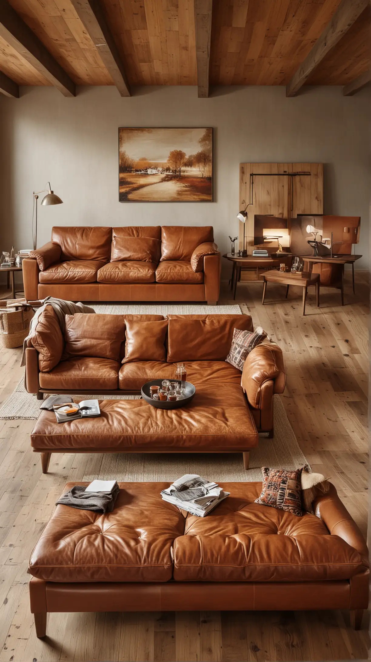A living room with a cognac leather couch surrounded by warm wooden furniture. The scene should be rich in textures and warmth, enhancing the cozy feel of the leather.