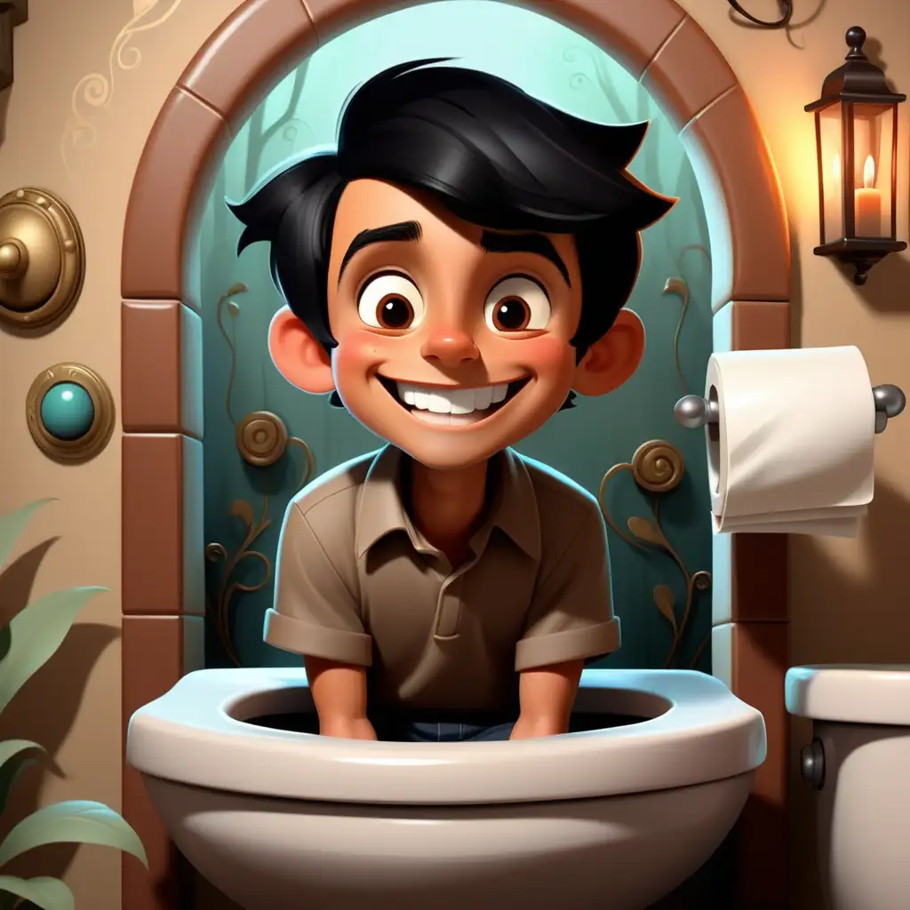 Enchanted Storybook Characters Smiling Hispanic Boy on Toilet Surprised by Short BrownHaired Girl