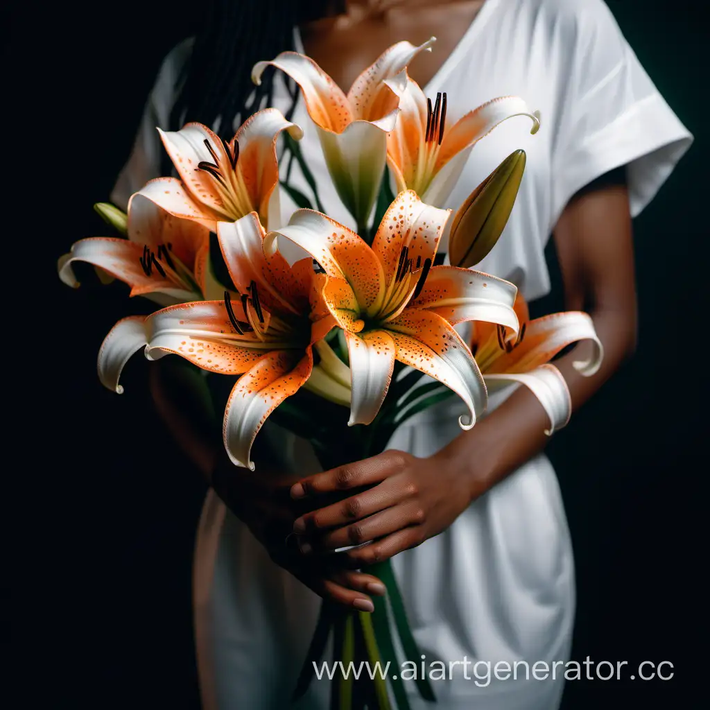 Analog style, cinematic lighting, soft light, wide shot of a African American female hand holding orange and white lilies, shot with Canon EOS R6 Mark II, photorealistic, detailed, intricate details, natural skin texture 