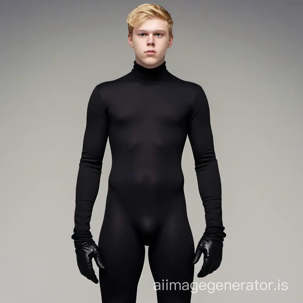 Overweight-European-Teenager-in-Matte-Black-Jumpsuit-Standing-Against-Light-Wall