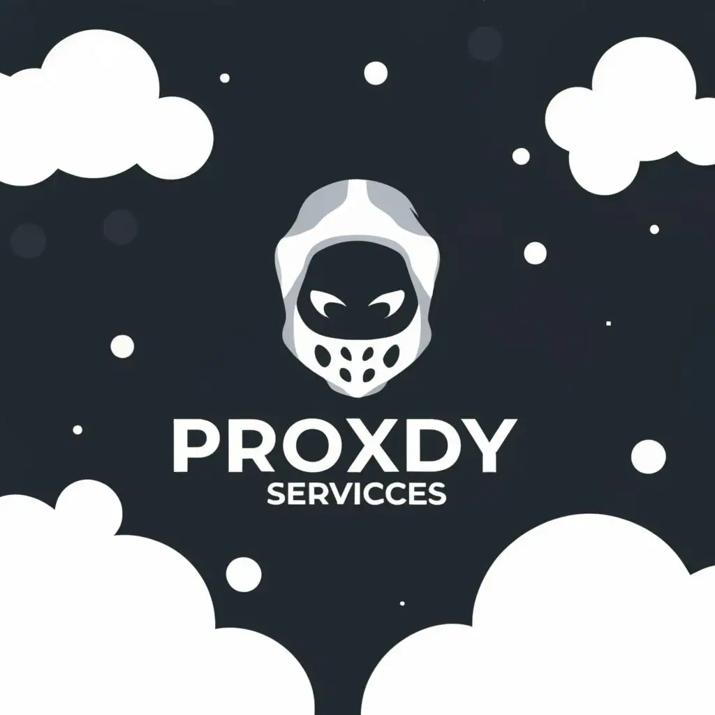 I need a banner with a black background and white clouds and hacker mask with text Proxdy Services on it