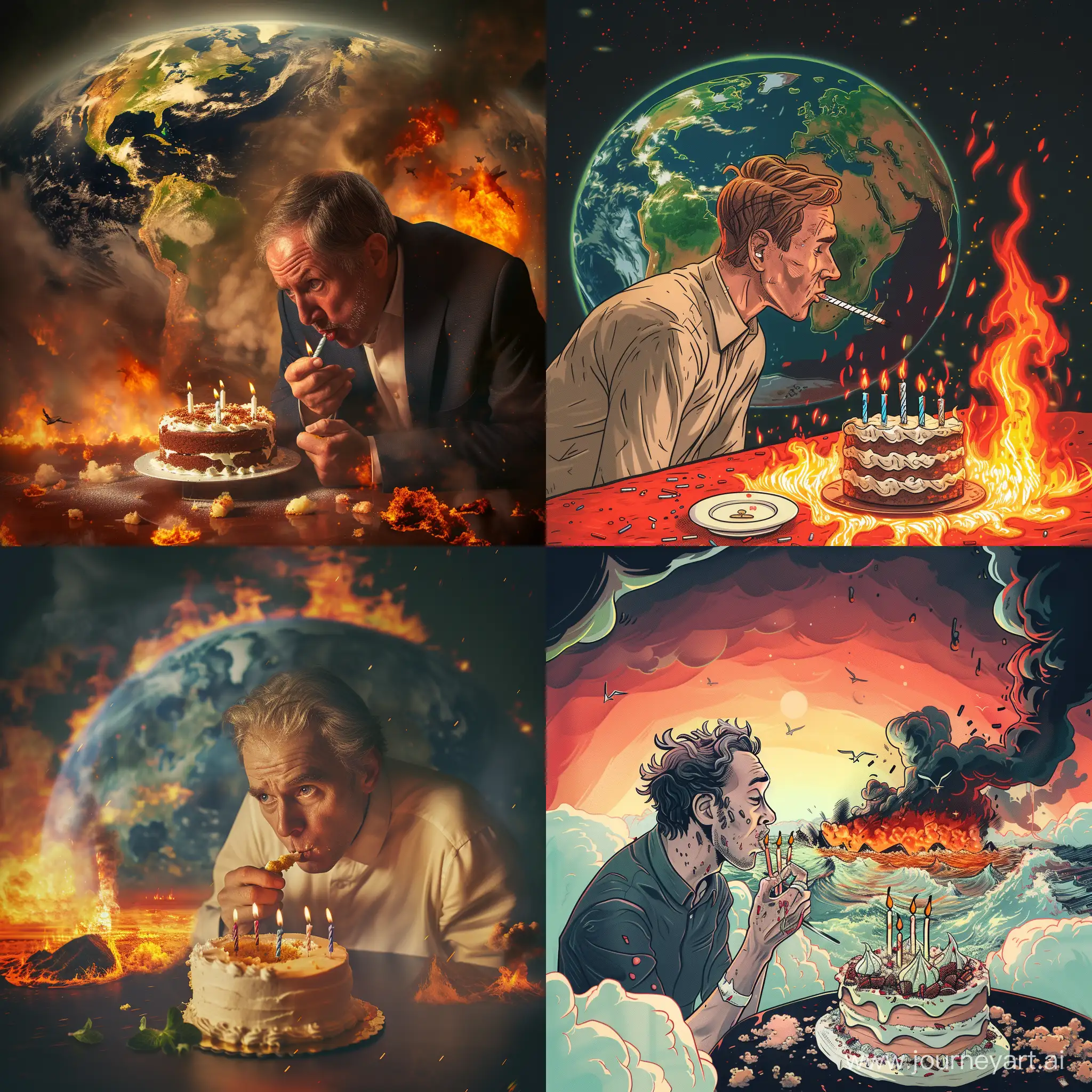haz una imagen de un emprendedor digital soplando las velas de un pastel mientras el mundo está en llamas o apocalipsis