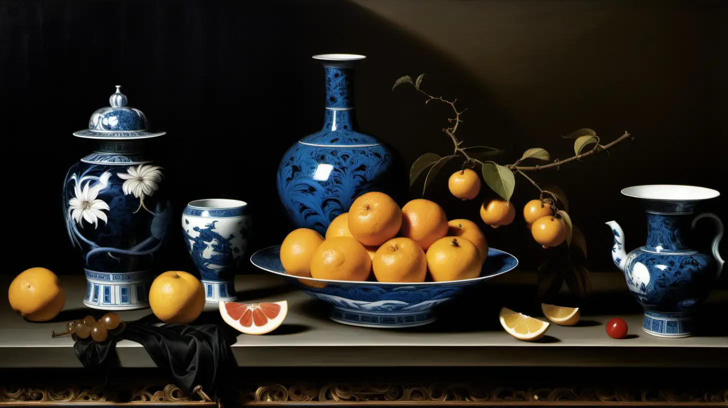 Chinese Blue Porcelain Still Life with Fruits and Musical Instrument by Caravaggio
