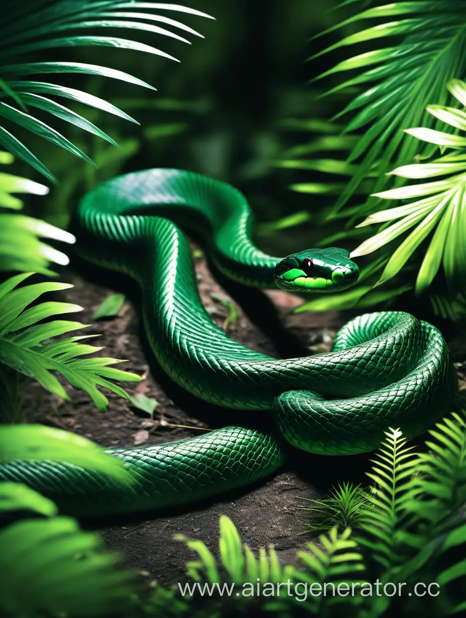 Elegant-Dark-Green-Winged-Snake-Crawling-Through-Jungle-Bushes