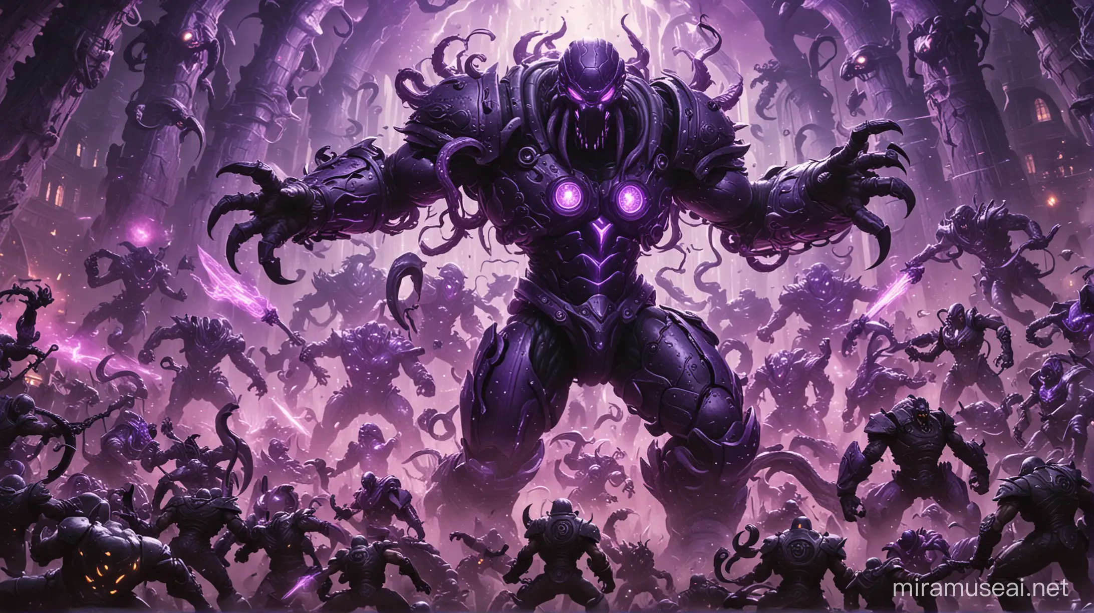 Giant magitech golem fighting an army of monsters with black tentacles and purple glowing armor.