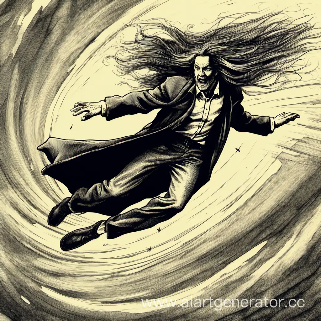 Человек с длинными волосами, мужчина, летит сквозь время 