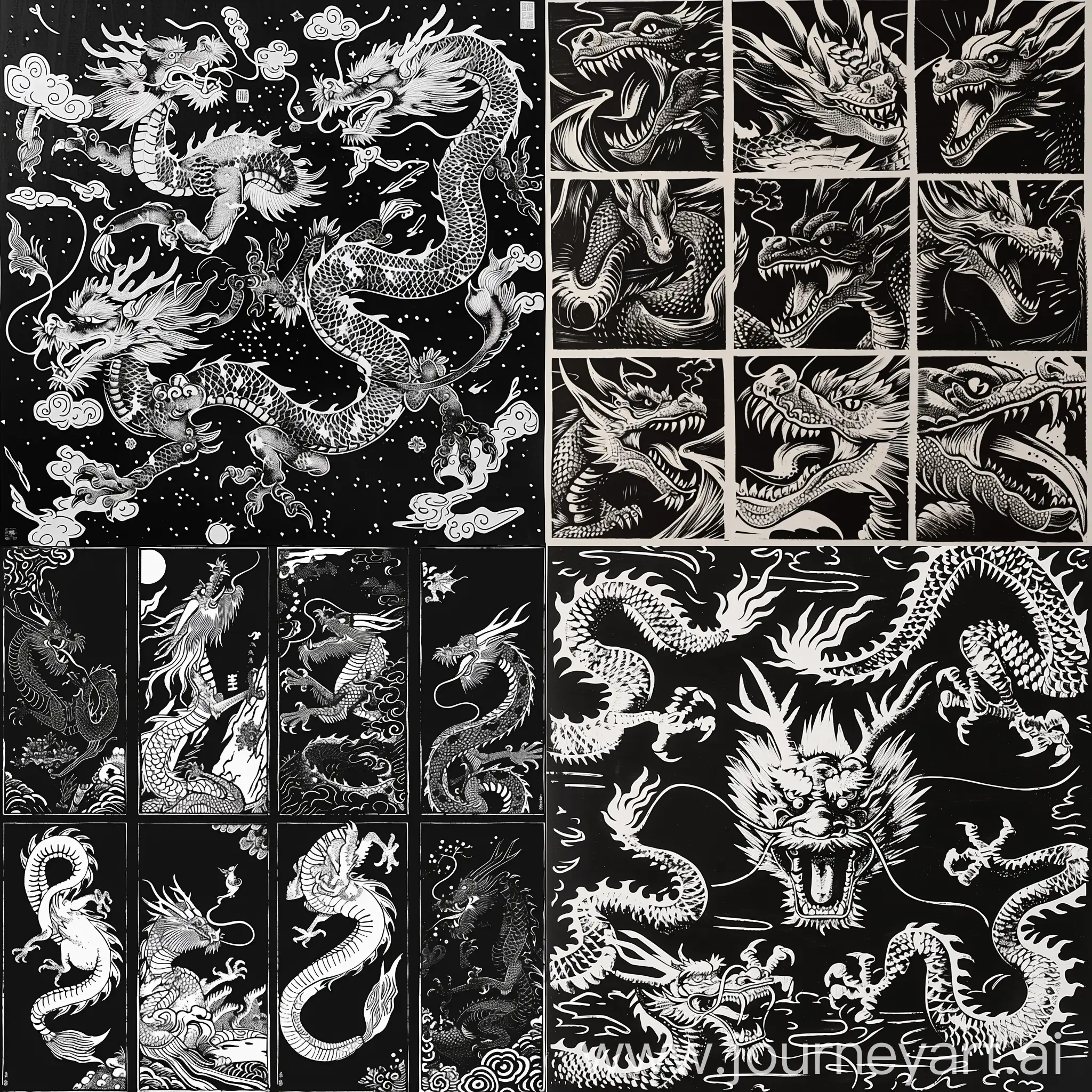 This is a series of black and white woodcut prints with the theme of dragons, requiring each artwork to have a rich background pattern content. The overall use of various knife techniques and techniques to depict rich hierarchical changes, with clear processing intentions and harmonious changes in each image.