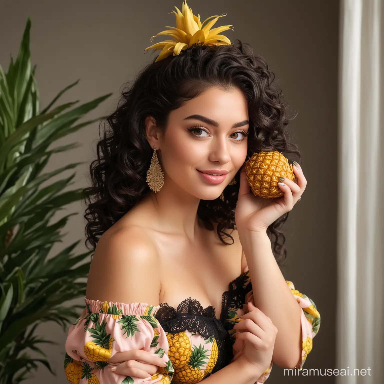 A confident, smiling woman. She has a full figure and wears an off-the-shoulder dress with a black lace trim. The dress features a bold pattern of yellow pineapples on a dark background. She has voluminous, curly black hair that cascades down her shoulders in tight ringlets, with one side pinned up to create an asymmetrical look. Her makeup is impeccable, with long eyelashes, winged eyeliner, and a soft pink lipstick. In her manicured hands, she holds a pineapple, her nails painted in a glossy nude polish. The setting is a cozy room with a hint of greenery, such as a potted pineapple plant in the background. The lighting is warm, giving her skin a gentle glow. The overall style is hyper-realistic with a touch of digital smoothing to give it a polished, illustrative quality, 32k render, hyperrealistic, detailled.