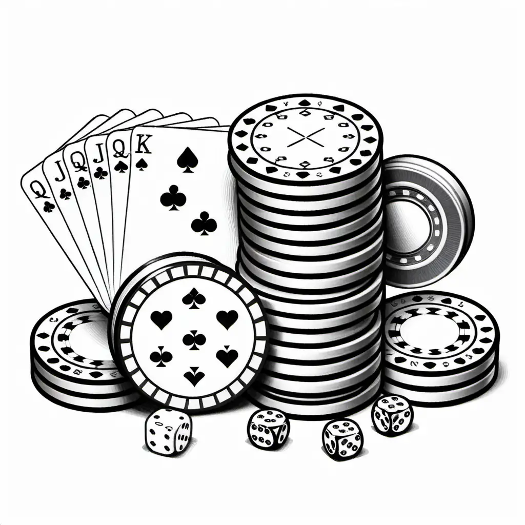 A ((black and white)) stack of poker chips and very playing dice and playing cards, Coloring Page, black and white, line art, white background, Simplicity, Ample White Space. The background of the coloring page is plain white to make it easy for young children to color within the lines. The outlines of all the subjects are easy to distinguish, making it simple for kids to color without too much difficulty