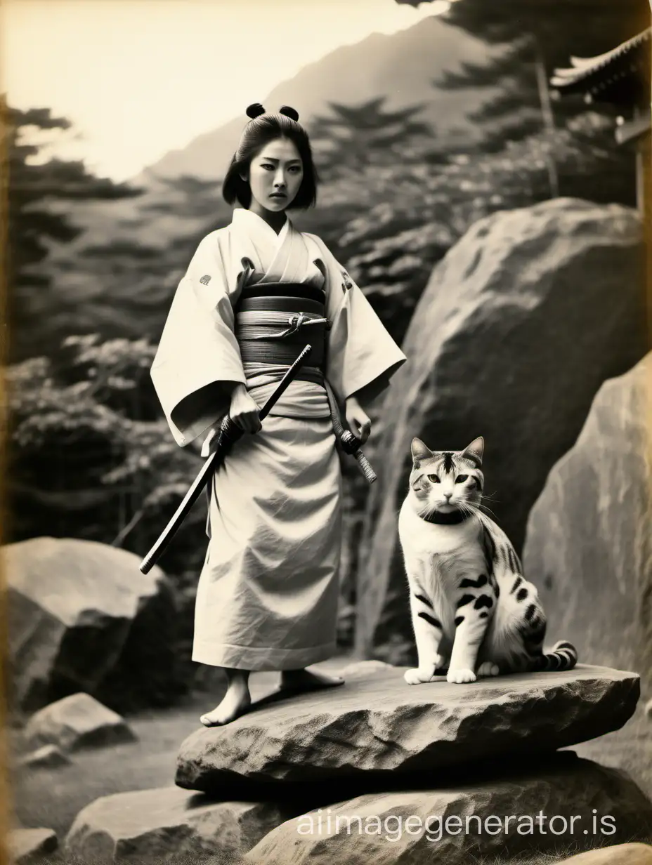 an old monochrome photo of Japanese female perfect grammar female samurai feminine light clothes standing on a giant stone with biggest cat