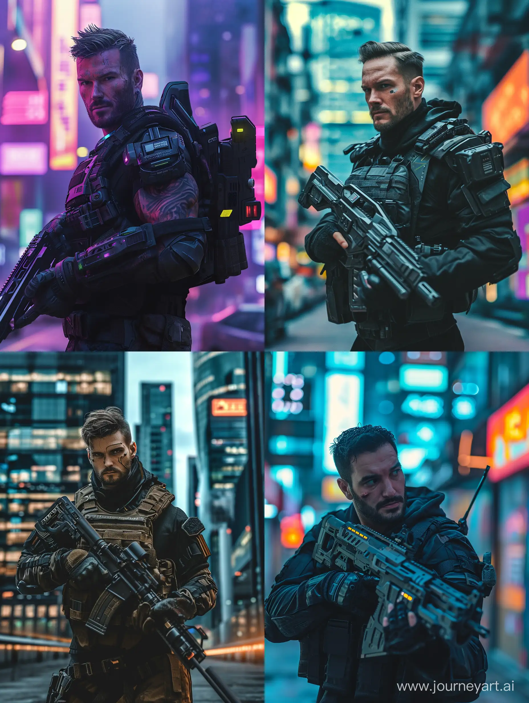 Realist Male valorant agent in real life, front view, view look at me, carrying kriss vector gun, background cyberpunk city