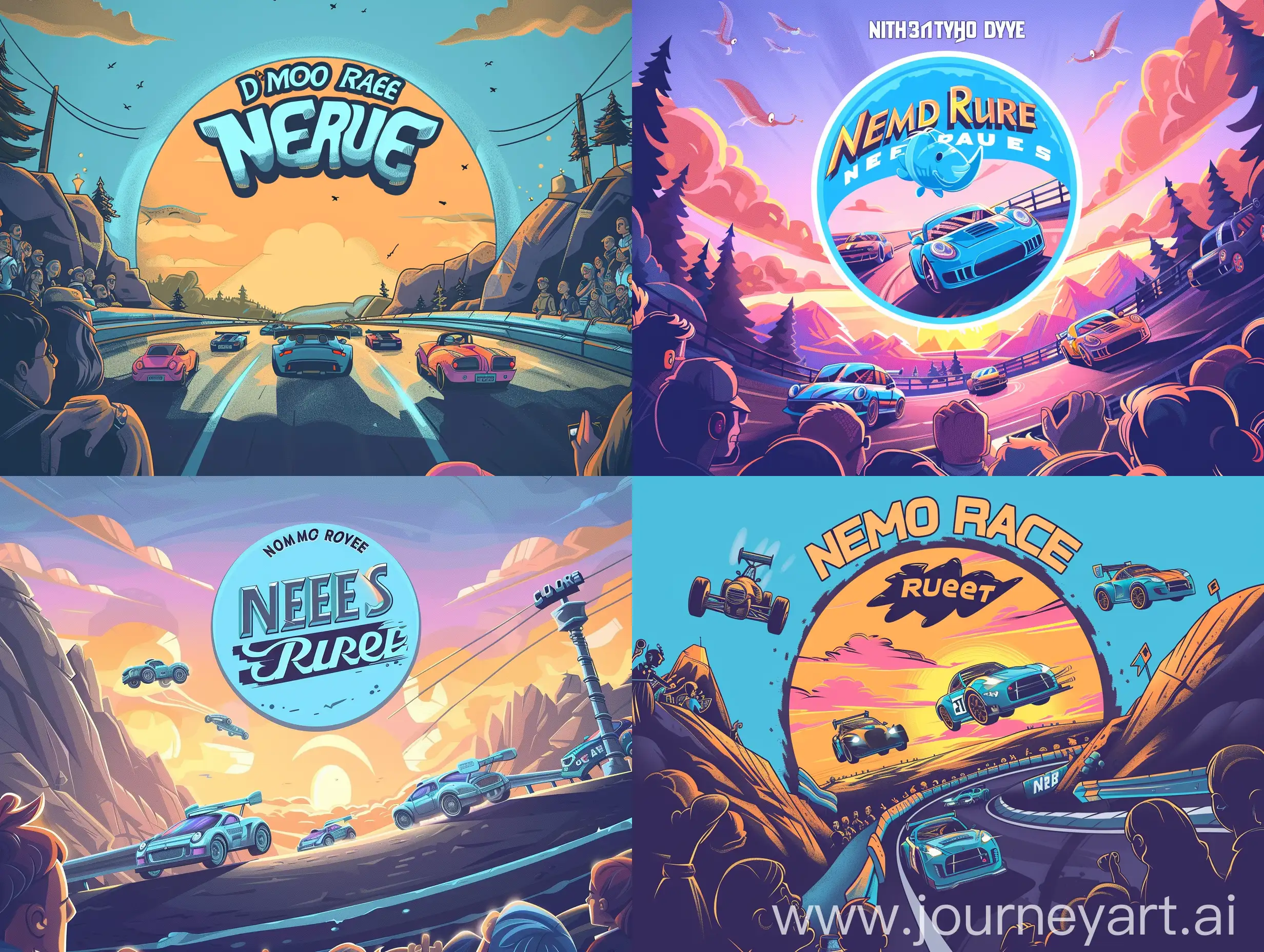 Nemo-Race-Logo-Design-with-Cars-Racing-at-Sunset