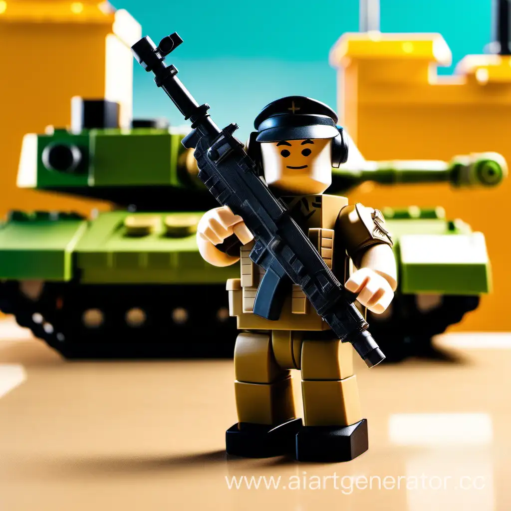 a male model roblox figure in military uniform with rifle in his arm. An abrams  tank roblox is in the right hand of the male.